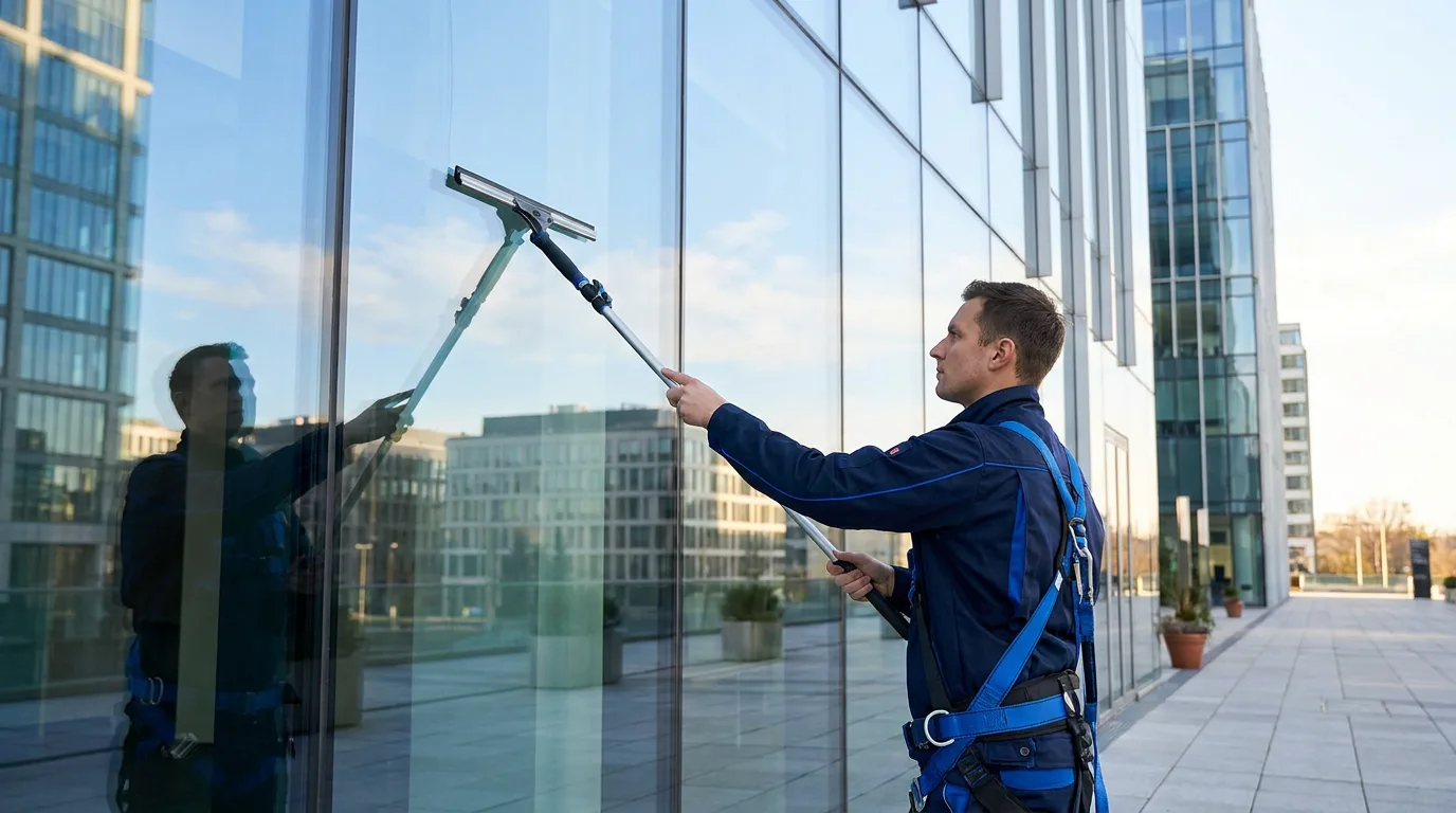 Window-cleaning technician using a squeegee on a storefront glass window