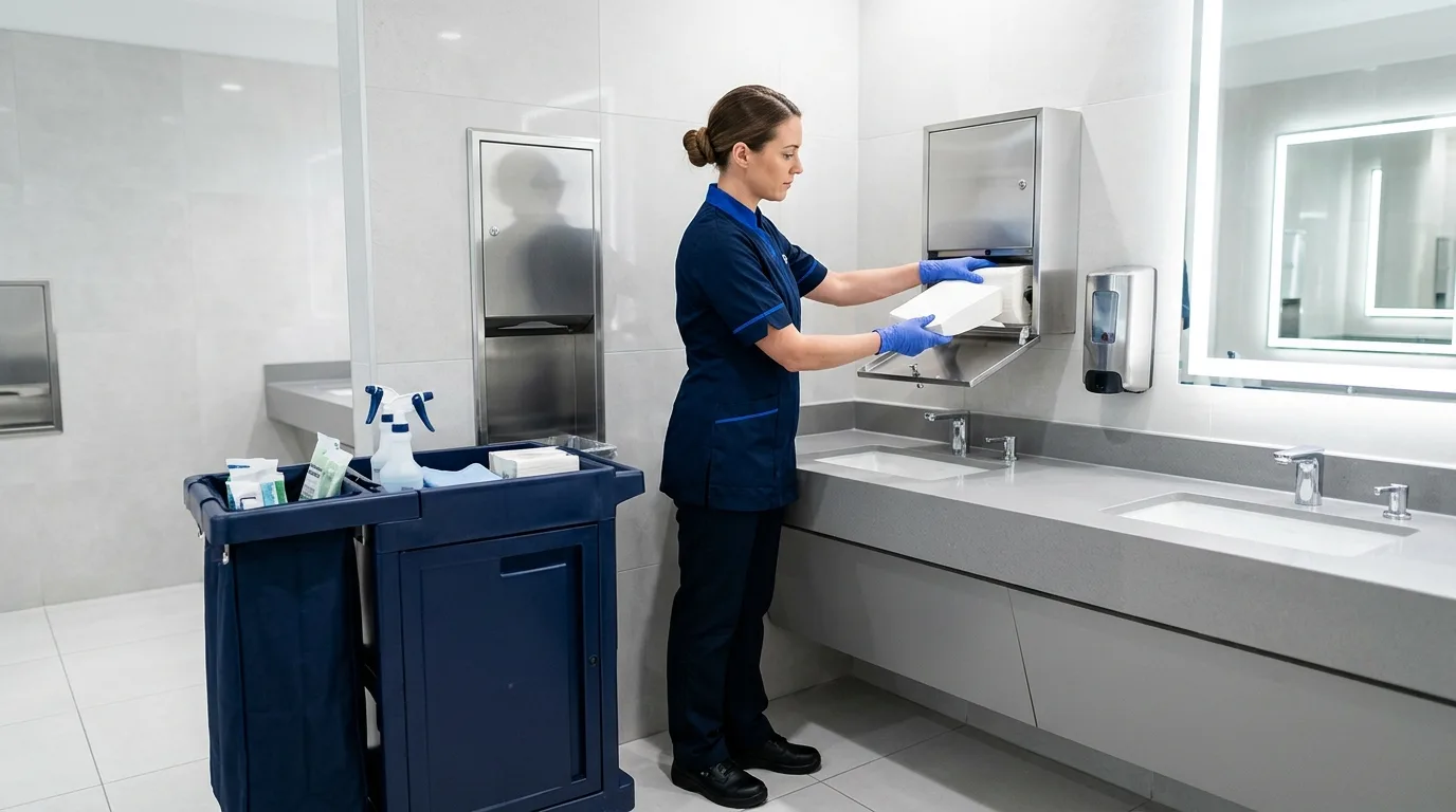 Cleaning technician restocking paper towel and soap dispensers in a commercial restroom