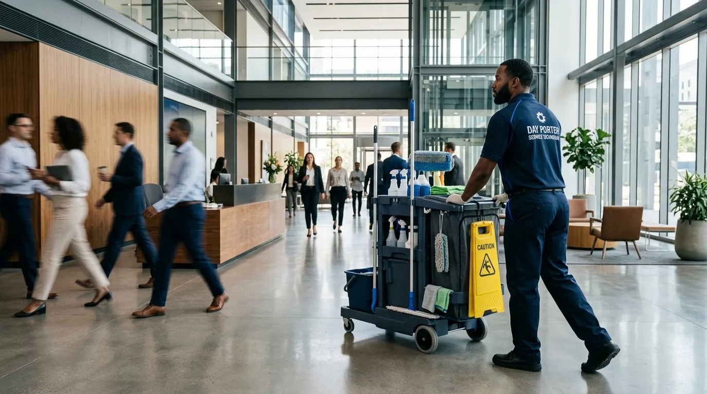 Day porter pushing a cleaning cart through a busy office building lobby