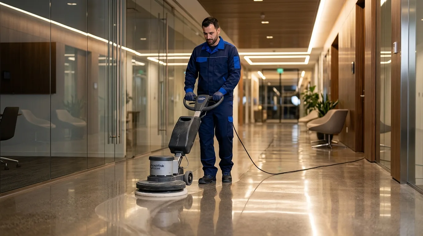 Cleaning technician operating a floor buffer machine on a glossy polished hallway