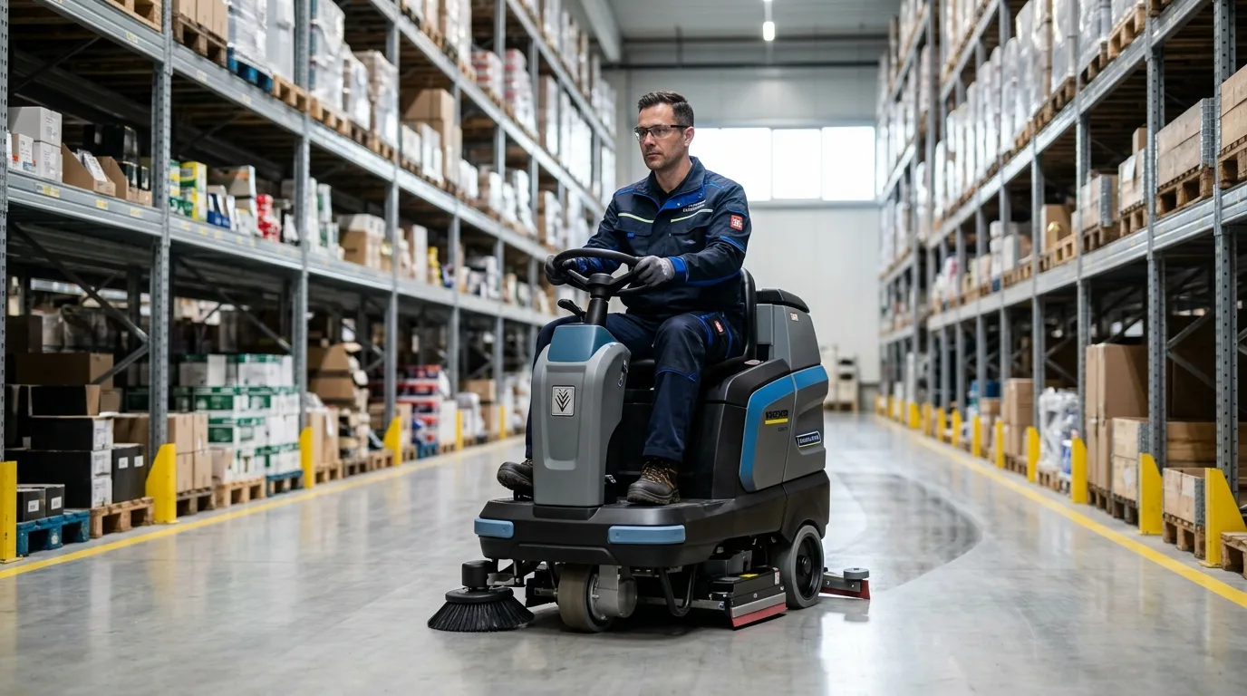 Cleaning technician operating an industrial floor scrubber in a warehouse aisle