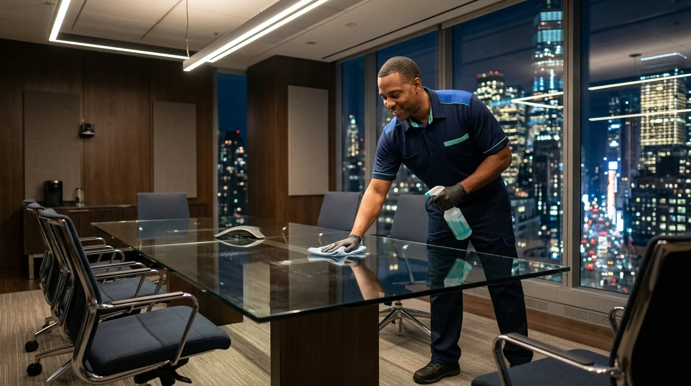 Cleaning technician wiping down a glass conference table in a modern office at night