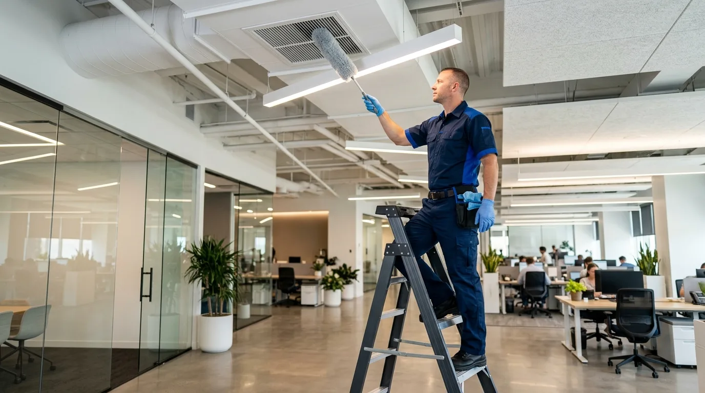 Cleaning technician high-dusting an office ceiling vent and light fixture
