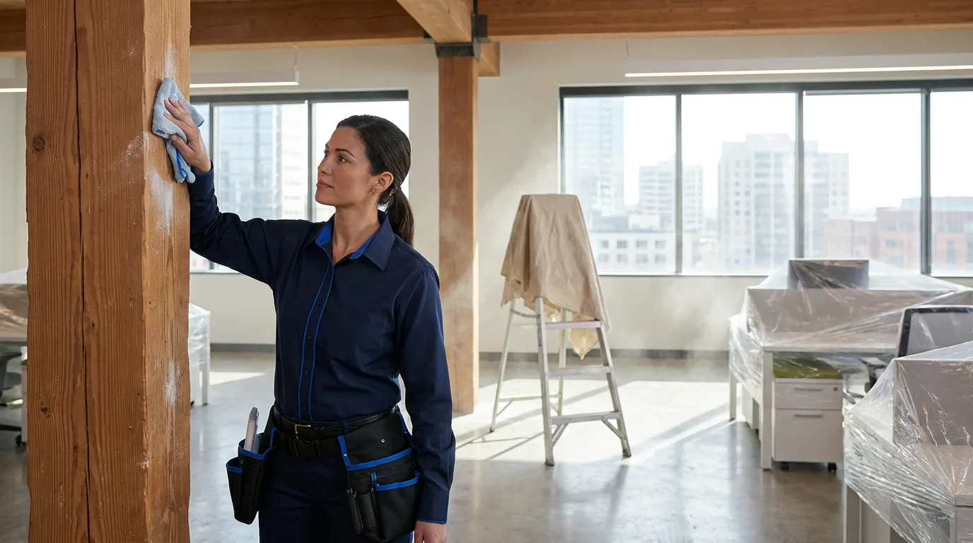 Cleaning technician wiping construction dust from a newly finished office interior