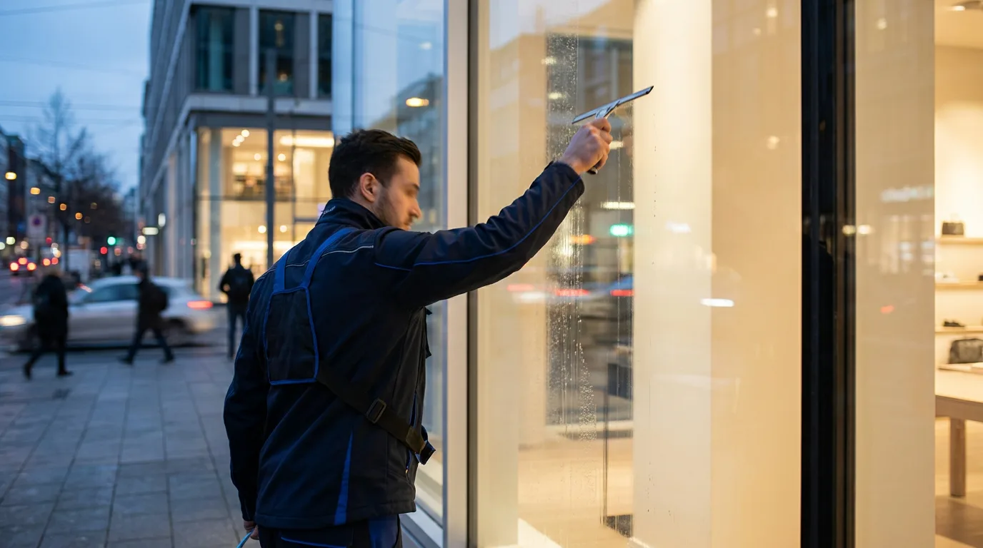 Cleaning technician polishing a large storefront glass window at dusk