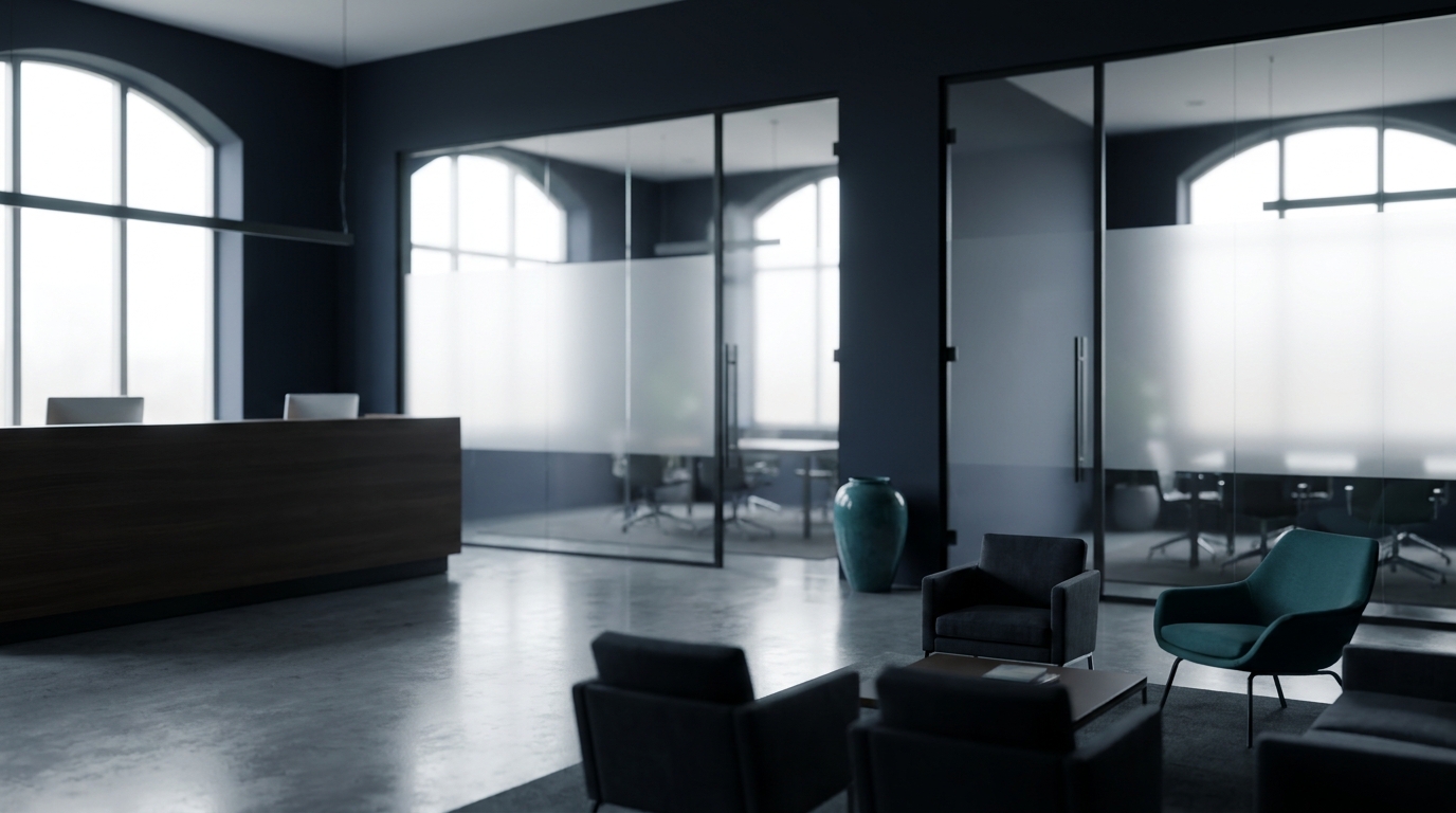 A polished, modern office lobby.