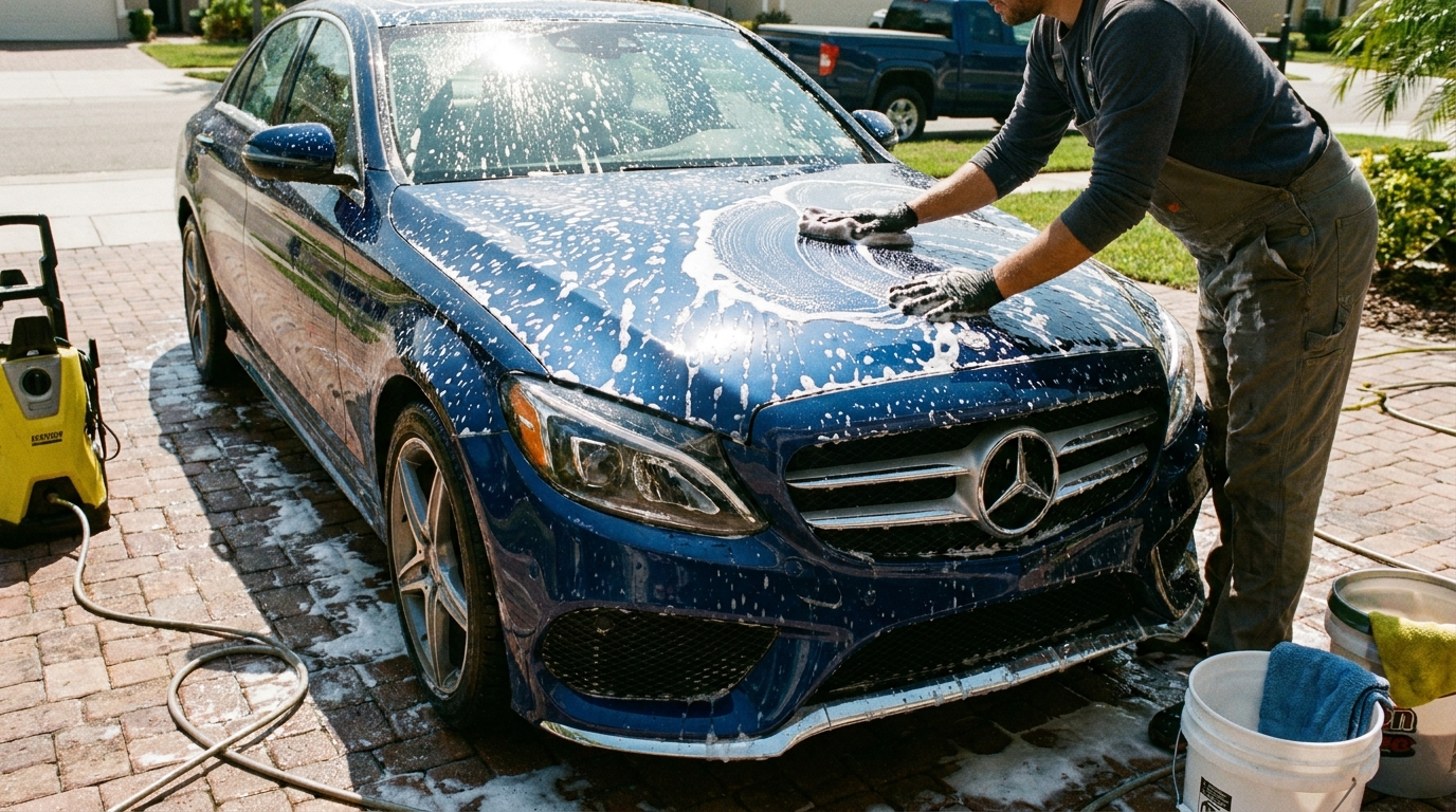 A detailer hand-washing a sedan and buffing it to a shine.