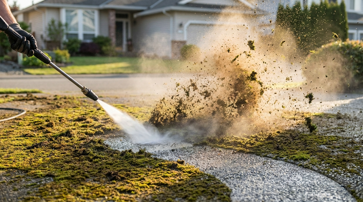 A pressure washer blasting a dirty driveway clean.