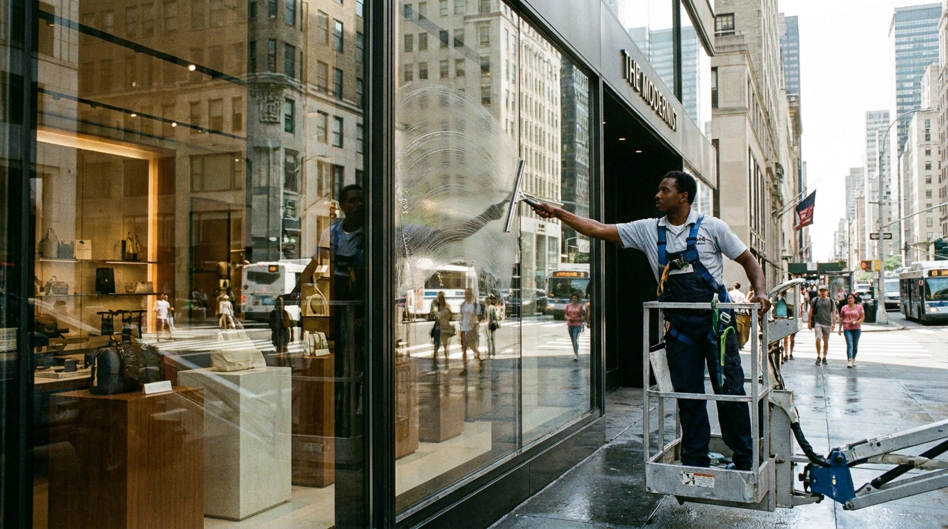 A technician squeegeeing a large storefront glass window.